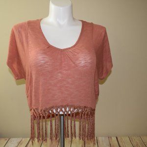 Wallpapher Semi Sheer Coral Fringe Blouse XS